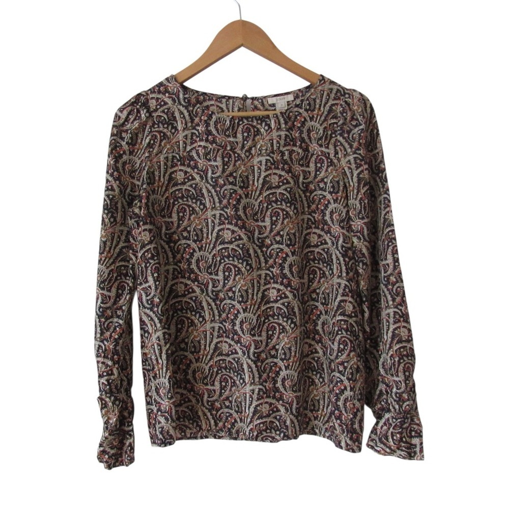 J Crew Talitha Silk Blouse 2 Paisley Floral Print Popover Keyhole Back Preppy